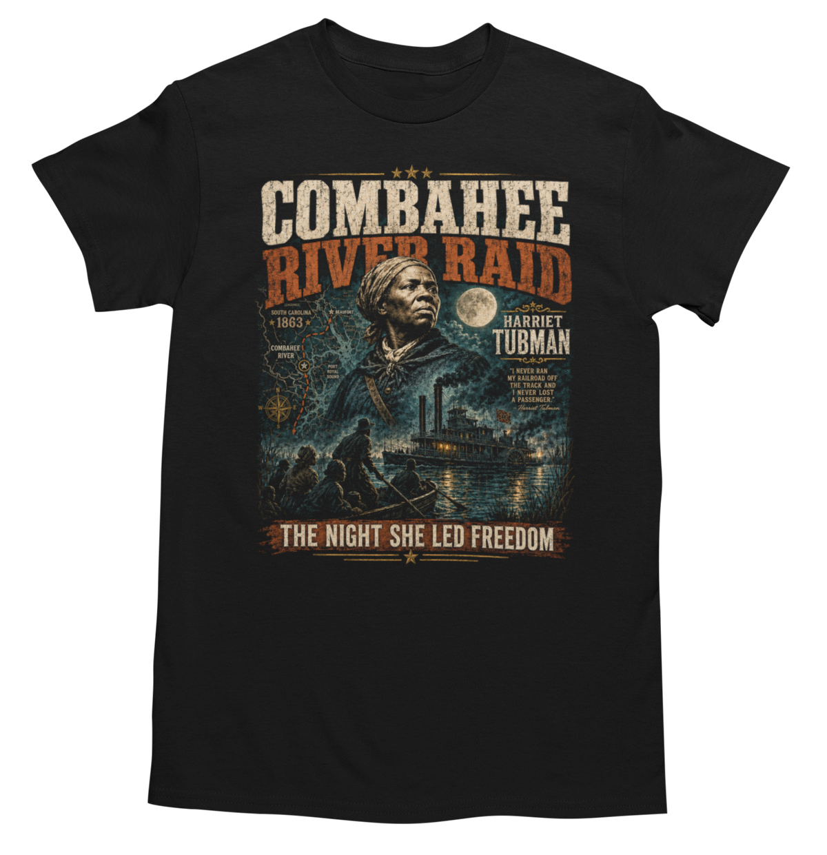 Combahee River Raid Harriet Tubman graphic tee on black shirt