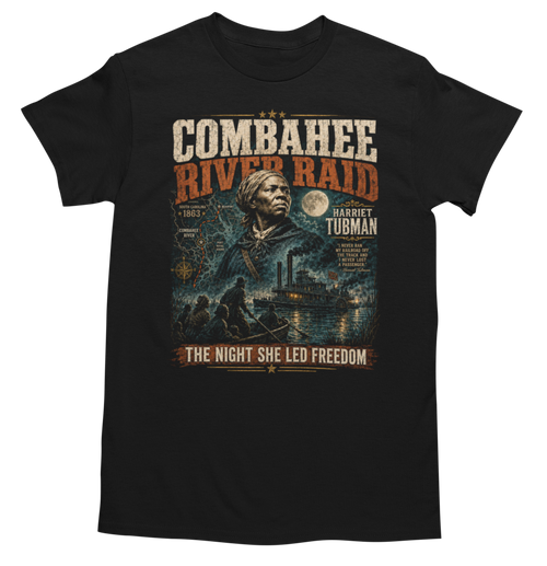 Combahee River Raid Harriet Tubman graphic tee on black shirt