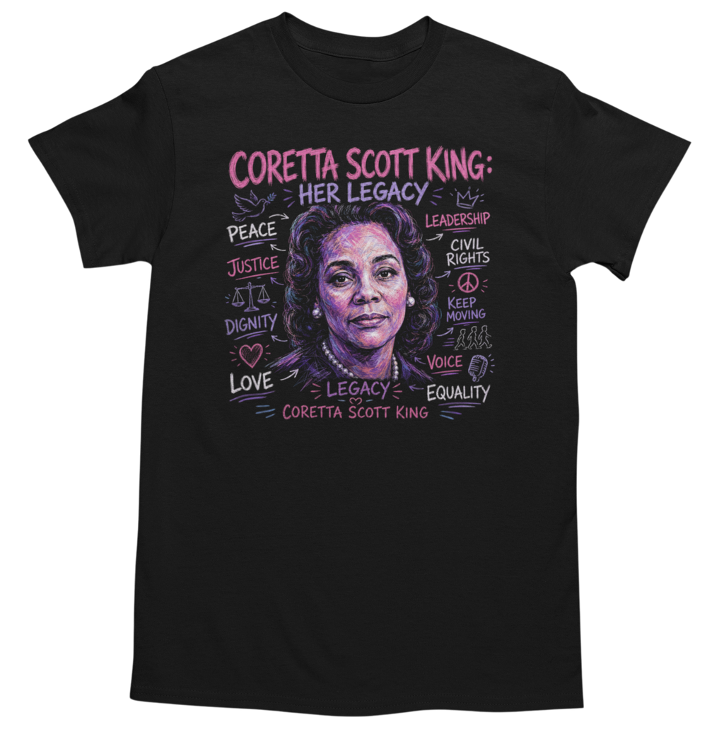 Coretta Scott King Her Legacy graphic tee on black shirt