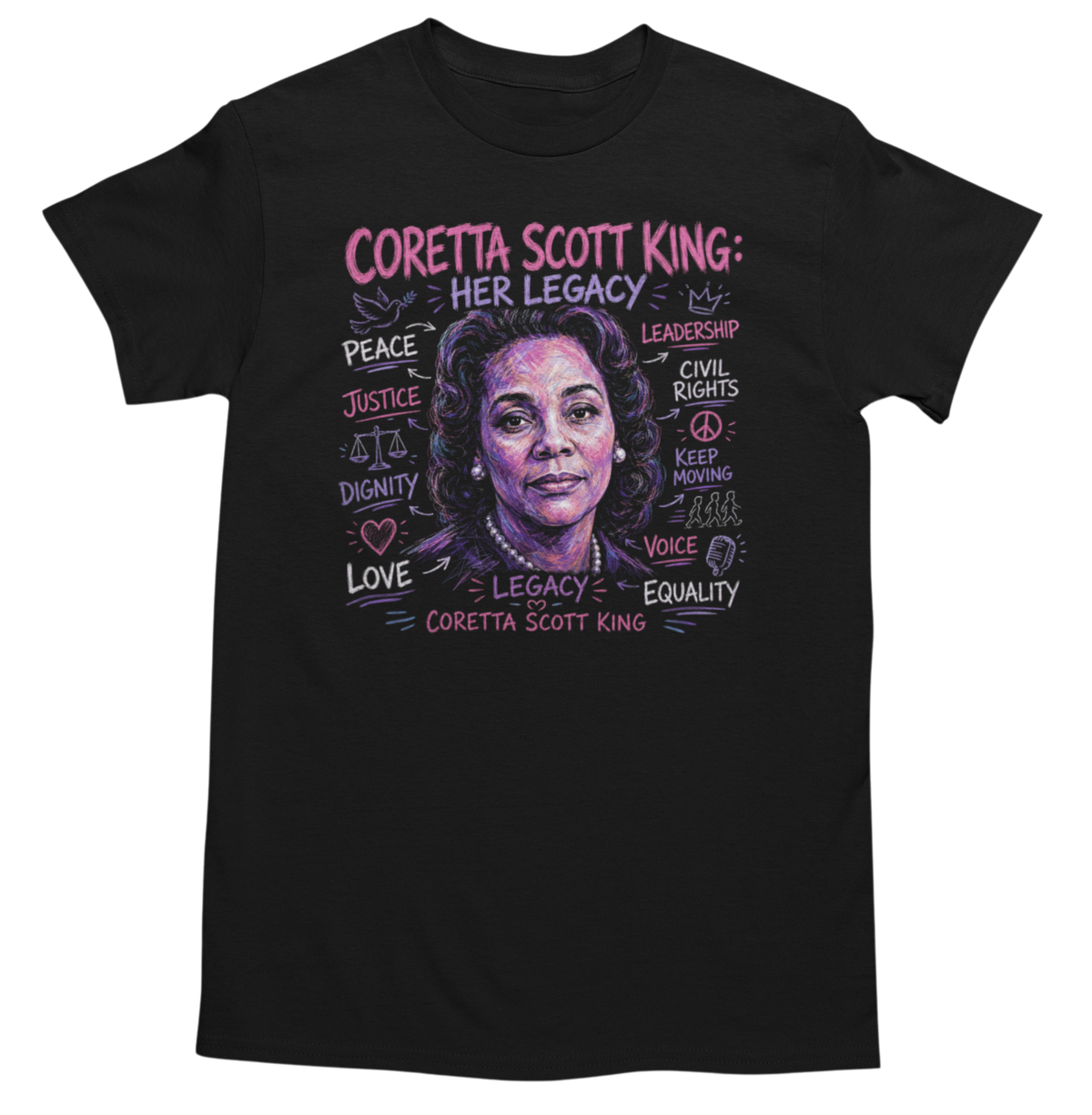 Coretta Scott King Her Legacy graphic tee on black shirt