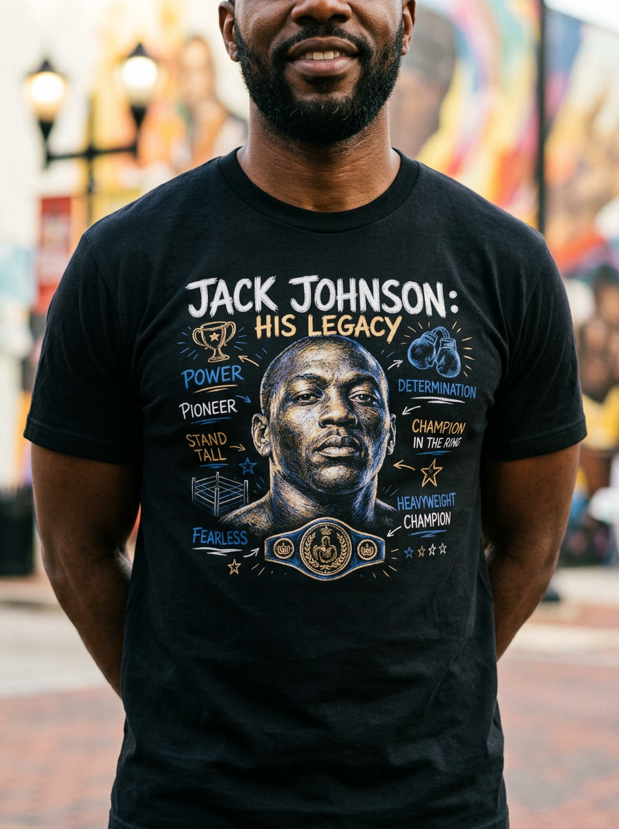 Jack Johnson: His Legacy tee worn by model in urban setting