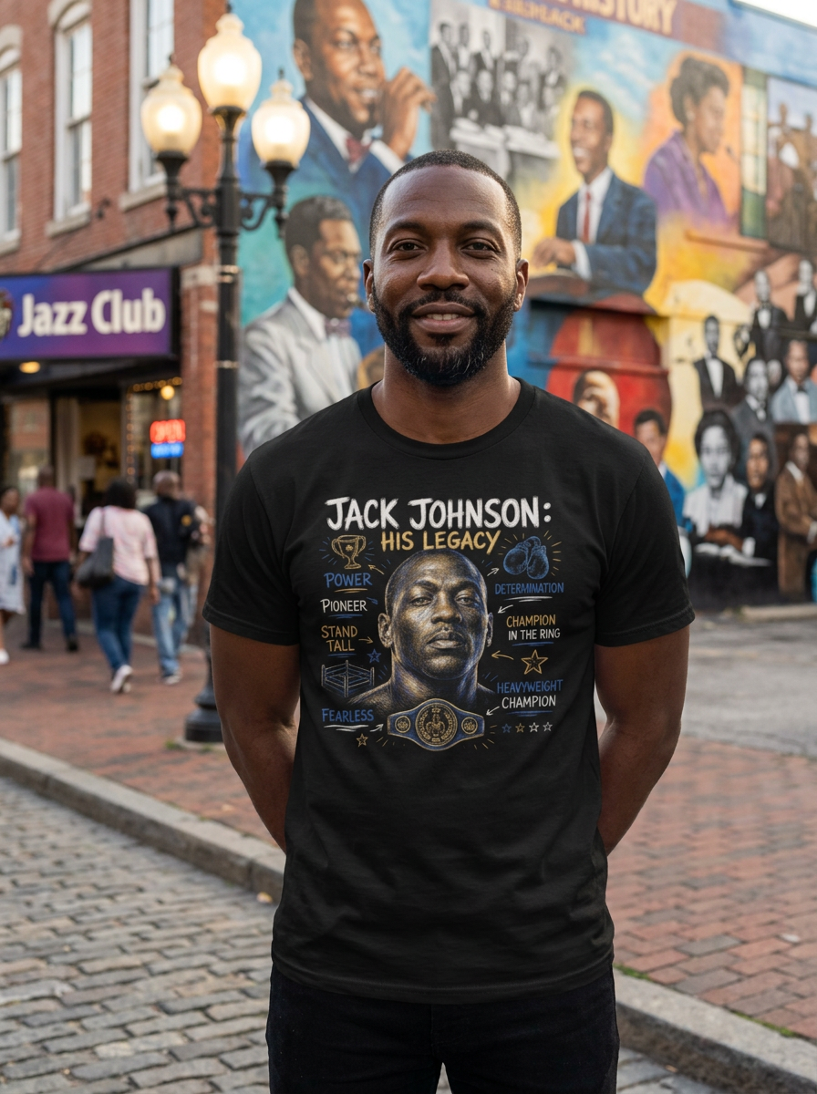 Jack Johnson: His Legacy tee worn by model on cobblestone street near Sweet Auburn
