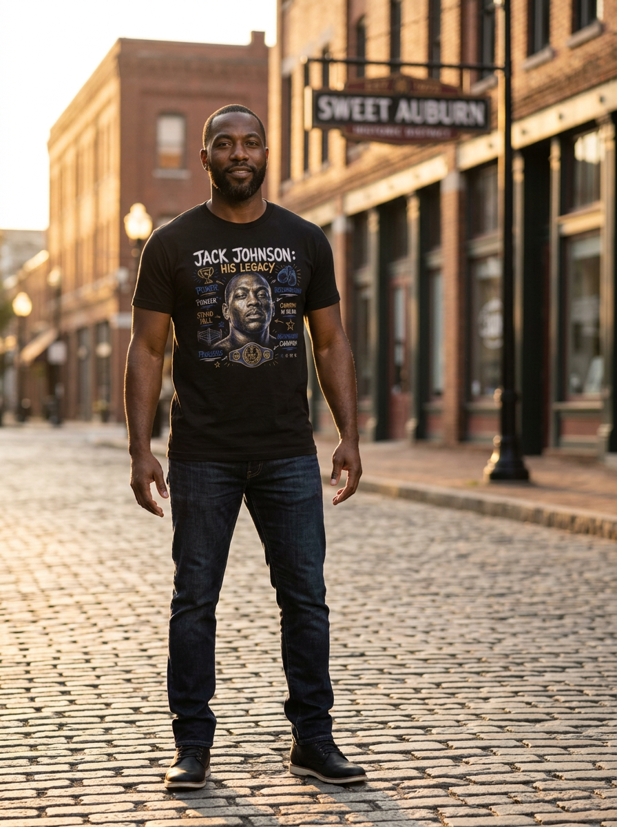 Jack Johnson: His Legacy tee worn by model in front of civil rights mural near Jazz Club