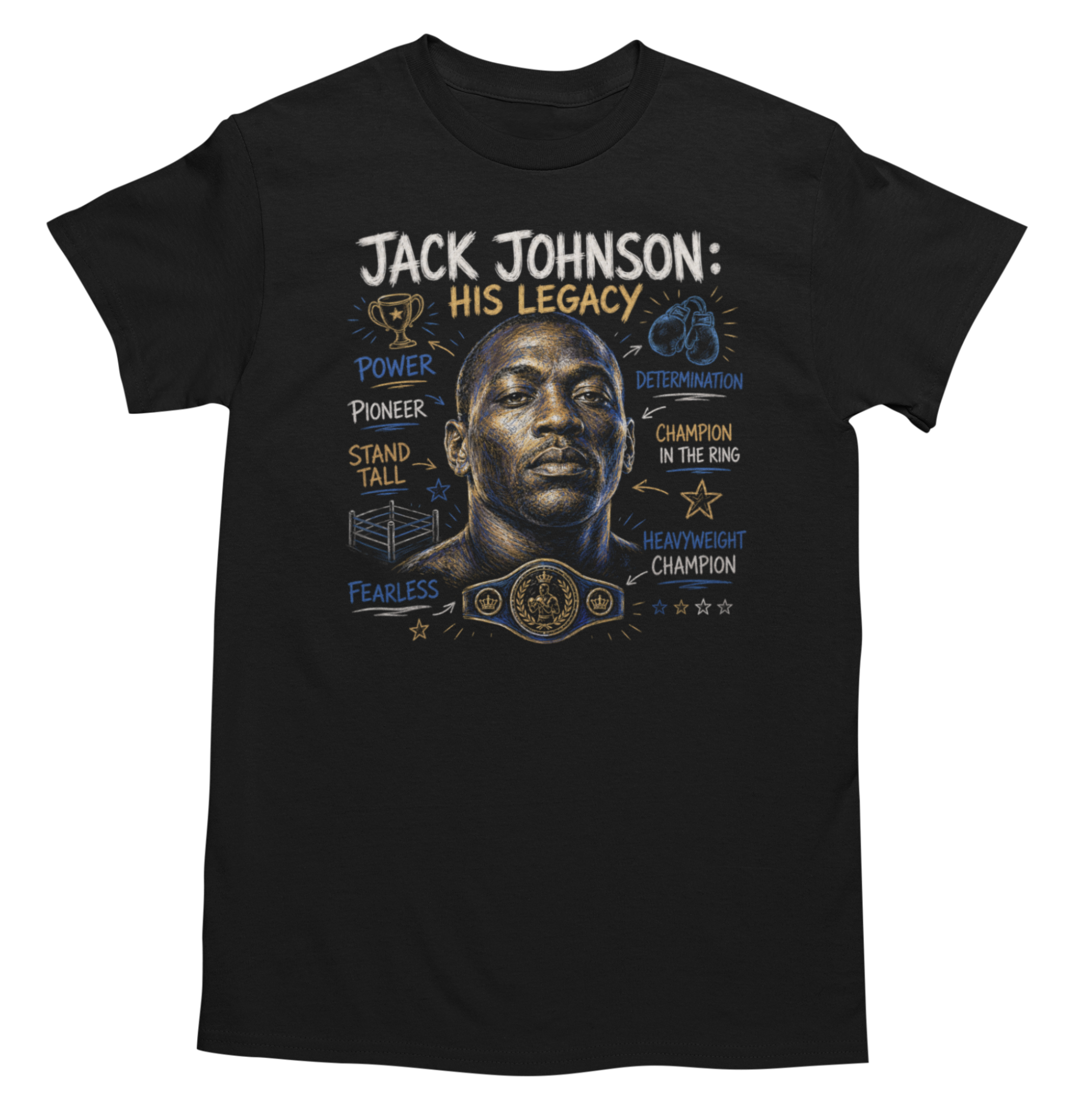 Jack Johnson: His Legacy graphic tee flat lay on black crewneck