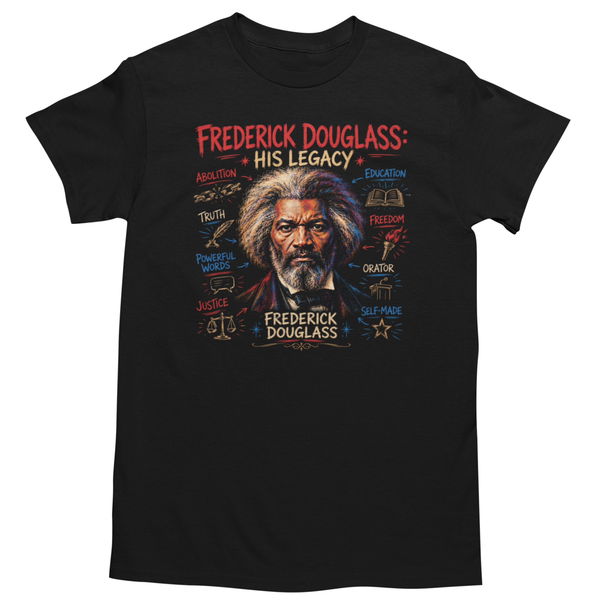 Frederick Douglass: His Legacy graphic tee on black crewneck